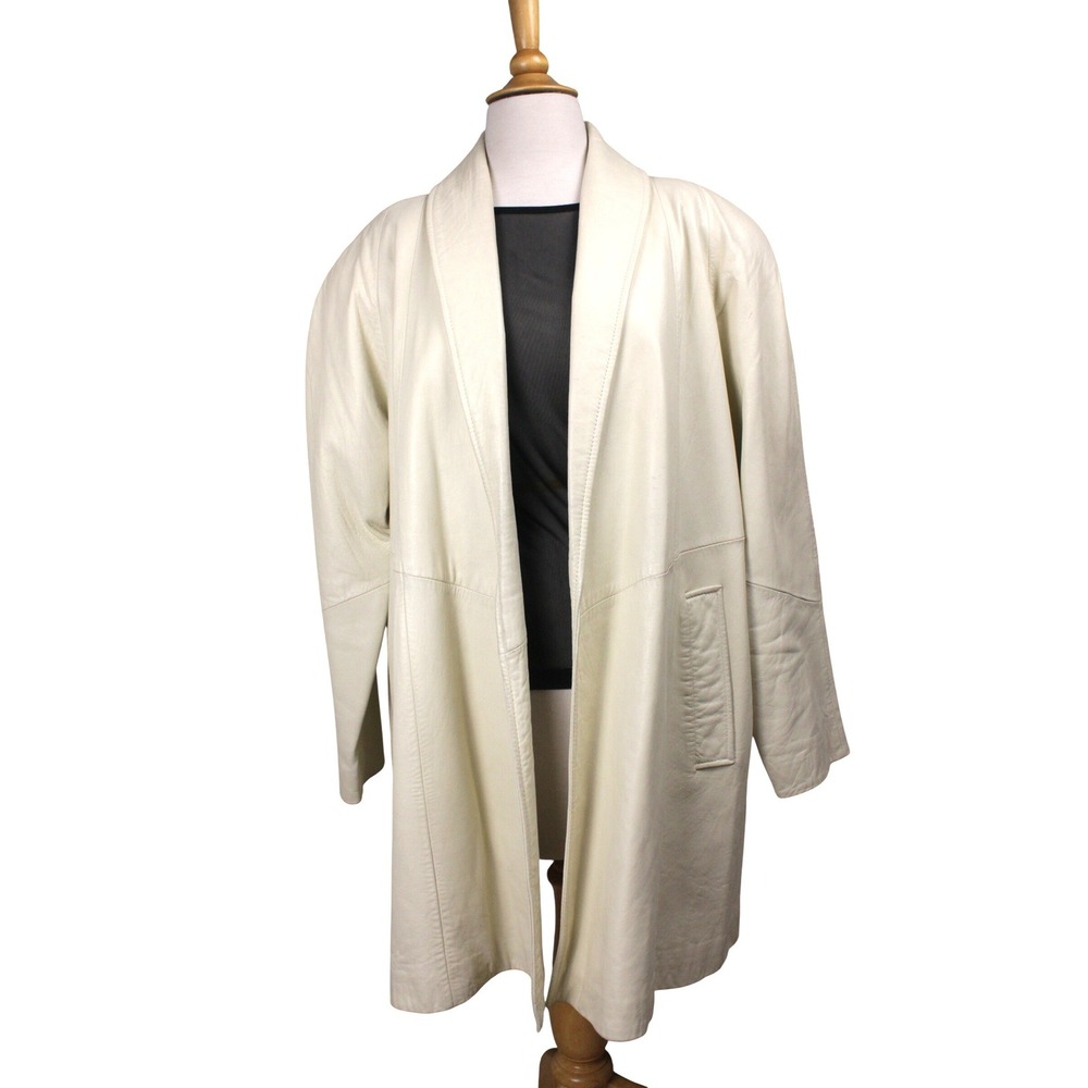 Vintage 80s Ivory Lambskin Leather Oversized Swing Coat S